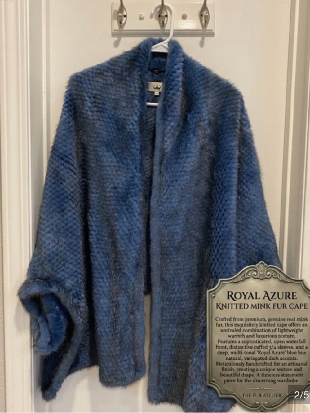 Luxury Genuine Knitted Mink Fur Cape Shawl in Royal Blue